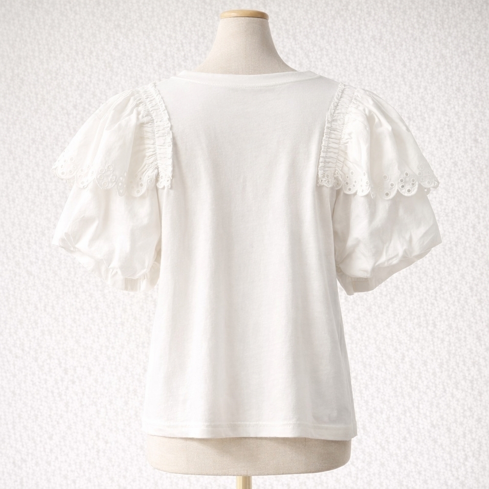Oddi Sophia White Eyelet Puff Short Sleeve New Preppy Feminine Cotton Blouse - Picture 3 of 9